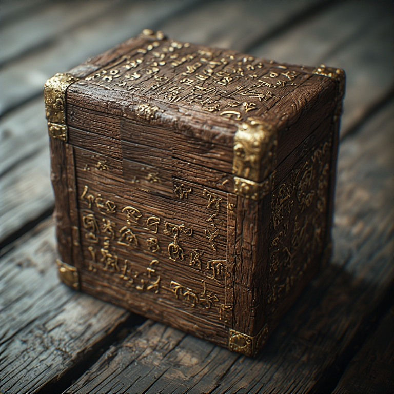 A wooden box ornately decorated with gold symbols and signs