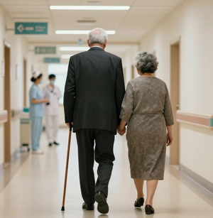 An old couple walking down a hospital corridor.