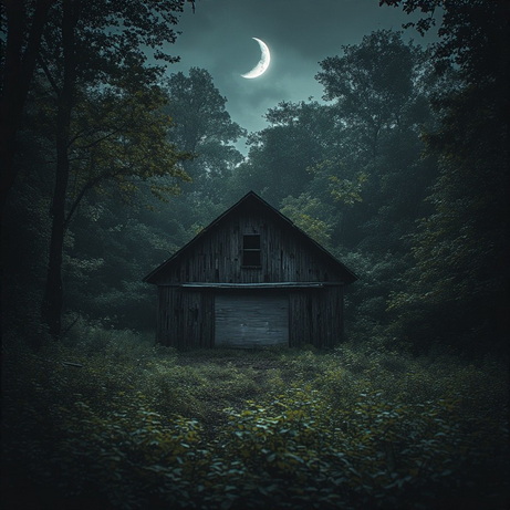 An old barn standing in a clearing at night